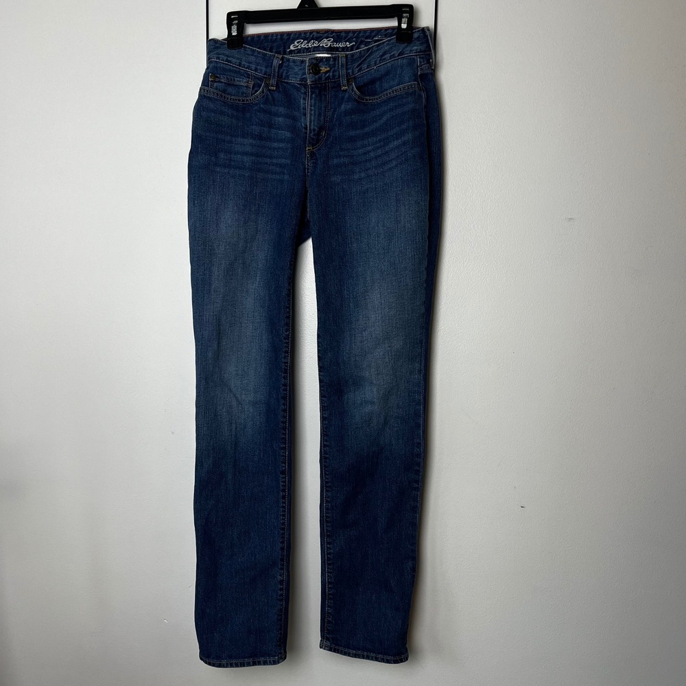 Eddie Bauer Curvy Fit Straight‎ Leg Jeans Aged Blue Dark Wash Stretch Denim 2